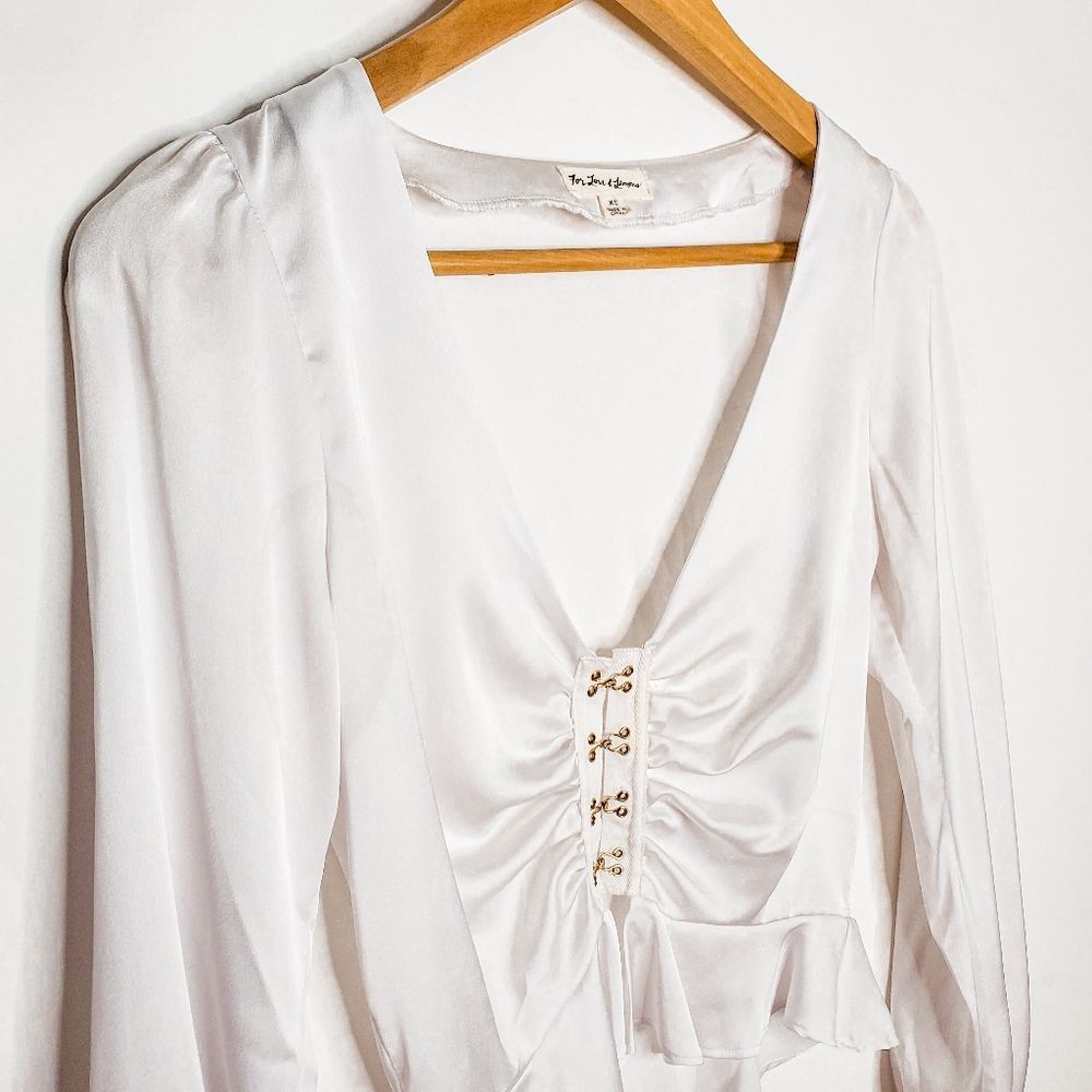 For Love And Lemons White Satin Plunge Neck Isabella Ruched Top Blouse Size XS_3